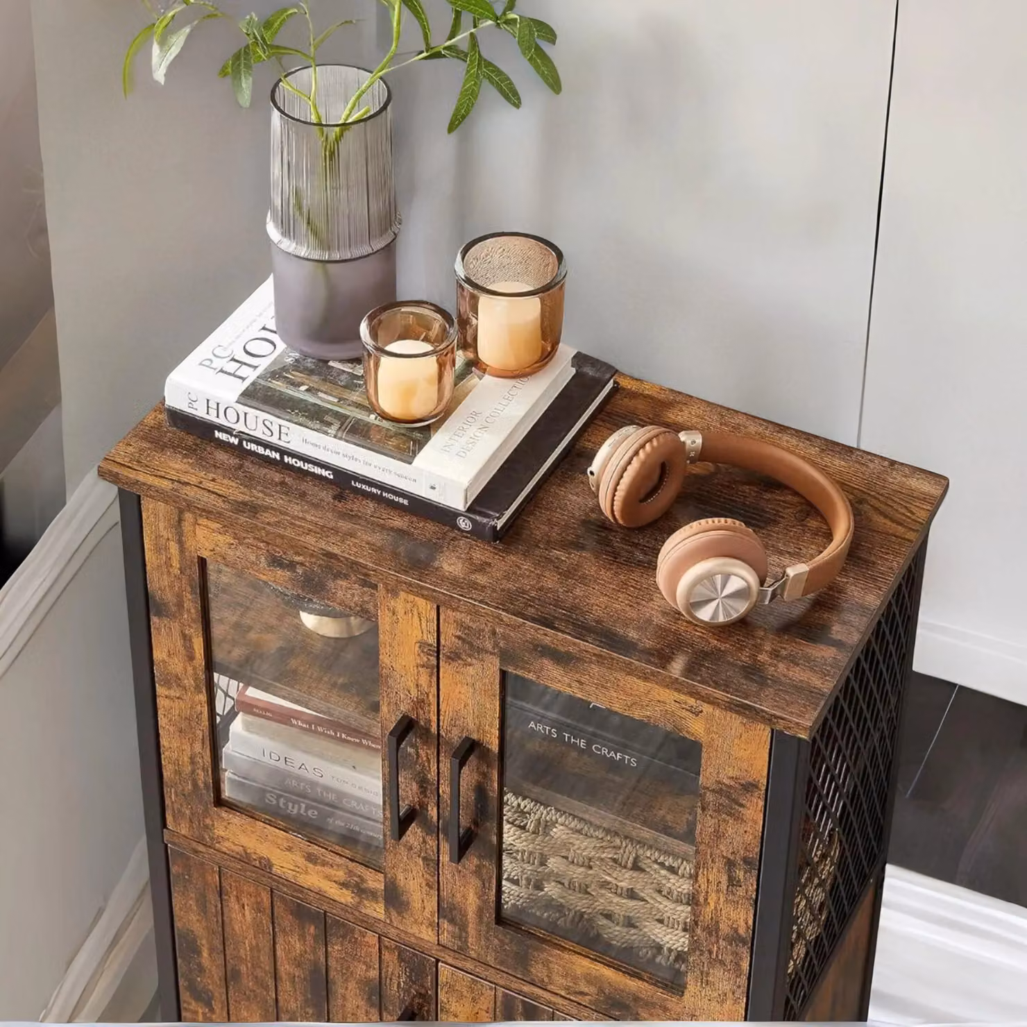 FURNOS Industrial Multipurpose Kitchen Sideboard Buffet Cabinet with Glass Doors in Brown and Black – 2