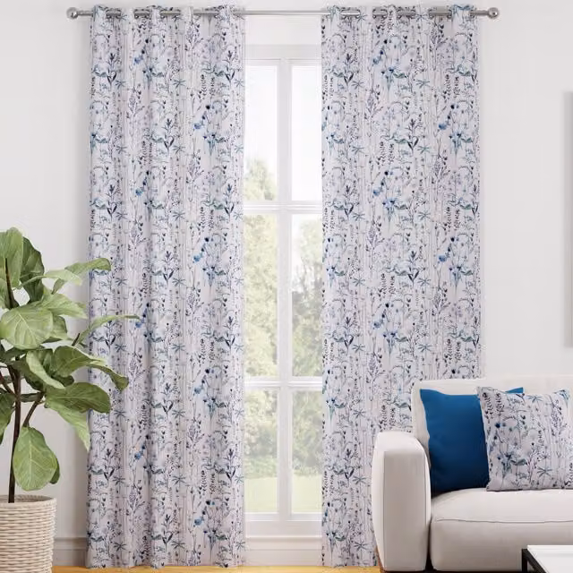 Terrys Wildflowers Made to Measure Blackout Eyelet Fabric Panel Curtain in Blue Floral Design