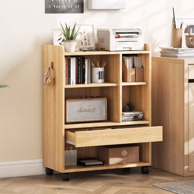 Costway Mobile Storage Cabinet with Drawer and Adjustable Shelves in Natural Wood Finish