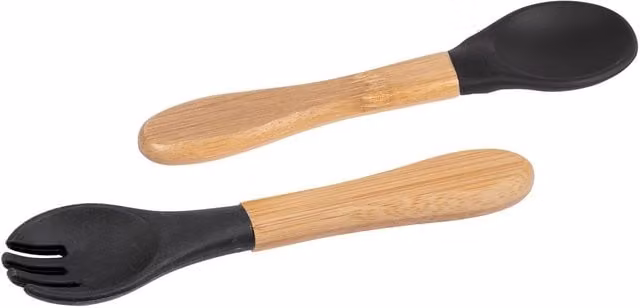 Tiny Dining Black Bamboo and Silicone Ergonomic Baby Feeding Cutlery Set with Spoon and Fork – 1