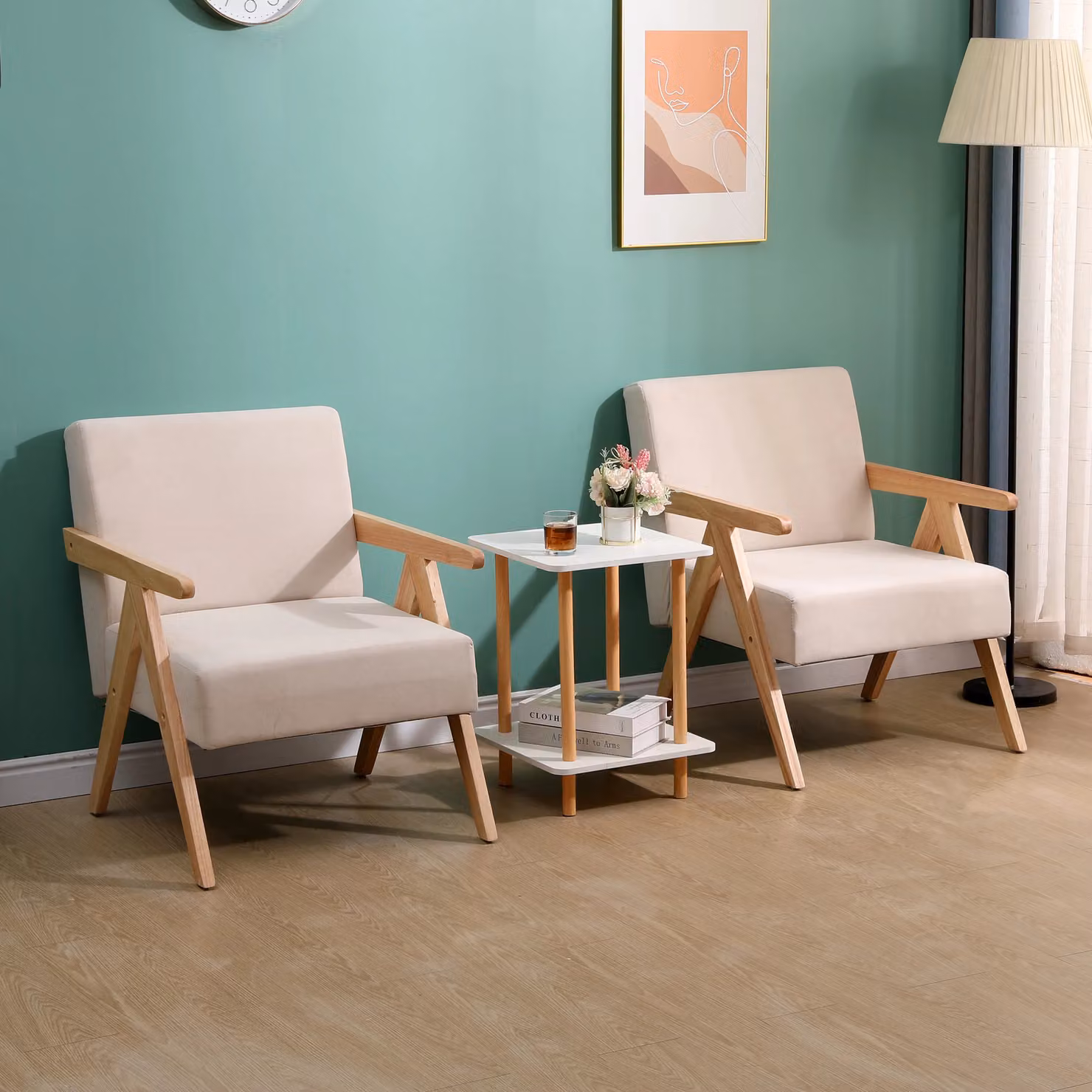 Santarem-Rouge Scandinavian Lounge Armchair with Solid Wood Frame and Beige Fabric – 3
