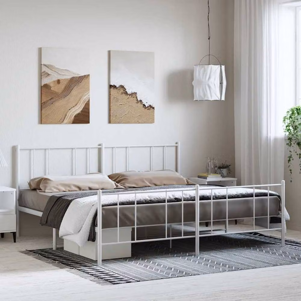 Berkfield Home Metal Bed Frame with Headboard and Footboard in White, W/D/H: 193 x 203 cm – 1