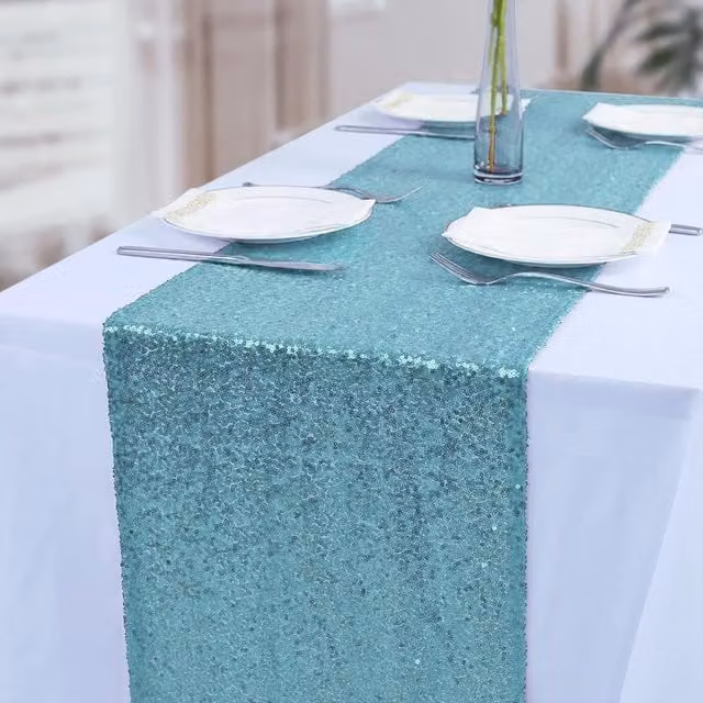 Trimming Shop Turquoise Glitter Sequin Fabric Mesh Satin Rectangular Table Runner