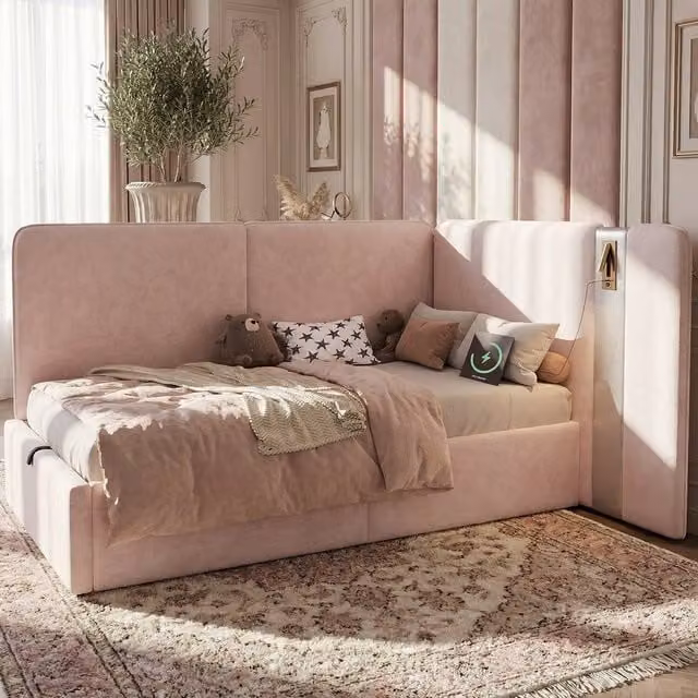 Merax Pink Velvet L-shaped Single Daybed with Storage, USB Charging Port and Integrated Reading Light, W/D/H: 90 x 190 cm