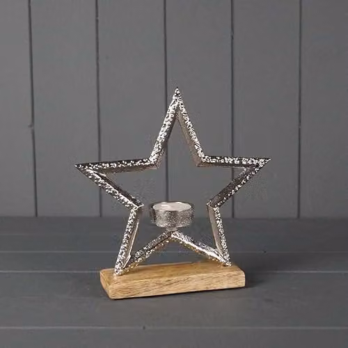 Gift Company Silver Metal Star Tealight Holder, W: 5 cm, D: 21.5 cm, H: 20 cm
