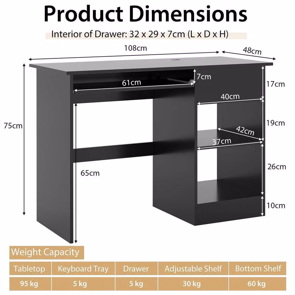 EONLION Modern Black Wooden Computer Desk with Grommet and Keyboard Tray – 2