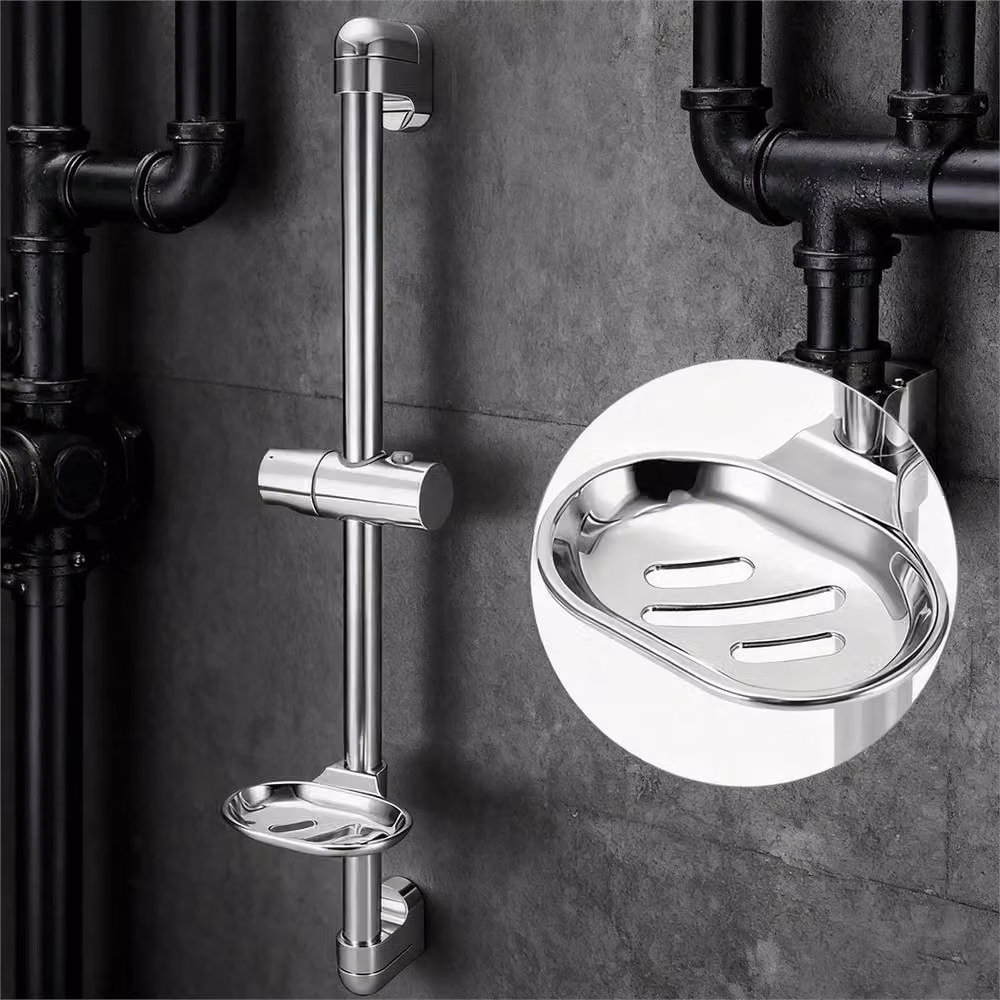 VOGREX Wall Mounted Shower Riser Rail with Soap Dish Bracket, Silver, 61 cm – 2
