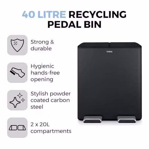 Tower T838022BLK 40L Recycling Pedal Bin with Two 20L Compartments and Removable Inner Buckets, Black Coated Steel – 2