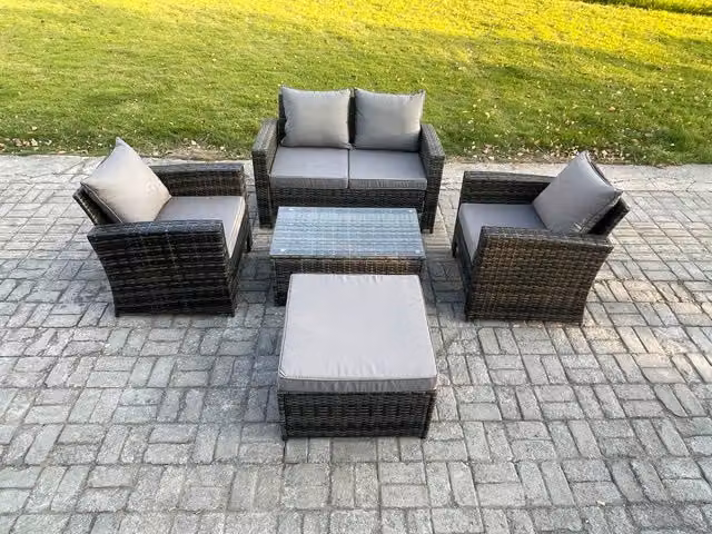 Fimous Outdoor Lounge Sofa Set with Coffee Table, Dark Grey Mixed Polyrattan and Metal Frame Garden Furniture Set with Upholstered Cushions