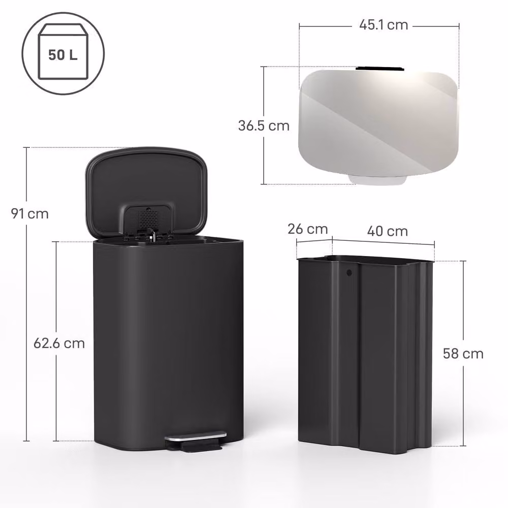 STILVORA 50L Kitchen Pedal Bin with Soft-Close Lid and Removable Inner Bucket in Black and Silver – 3