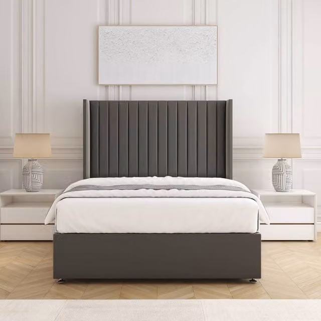 BSSPOKE Manhattan Small Double Divan Bed with 54 inch Headboard and Mattress in Grey Plush Velvet