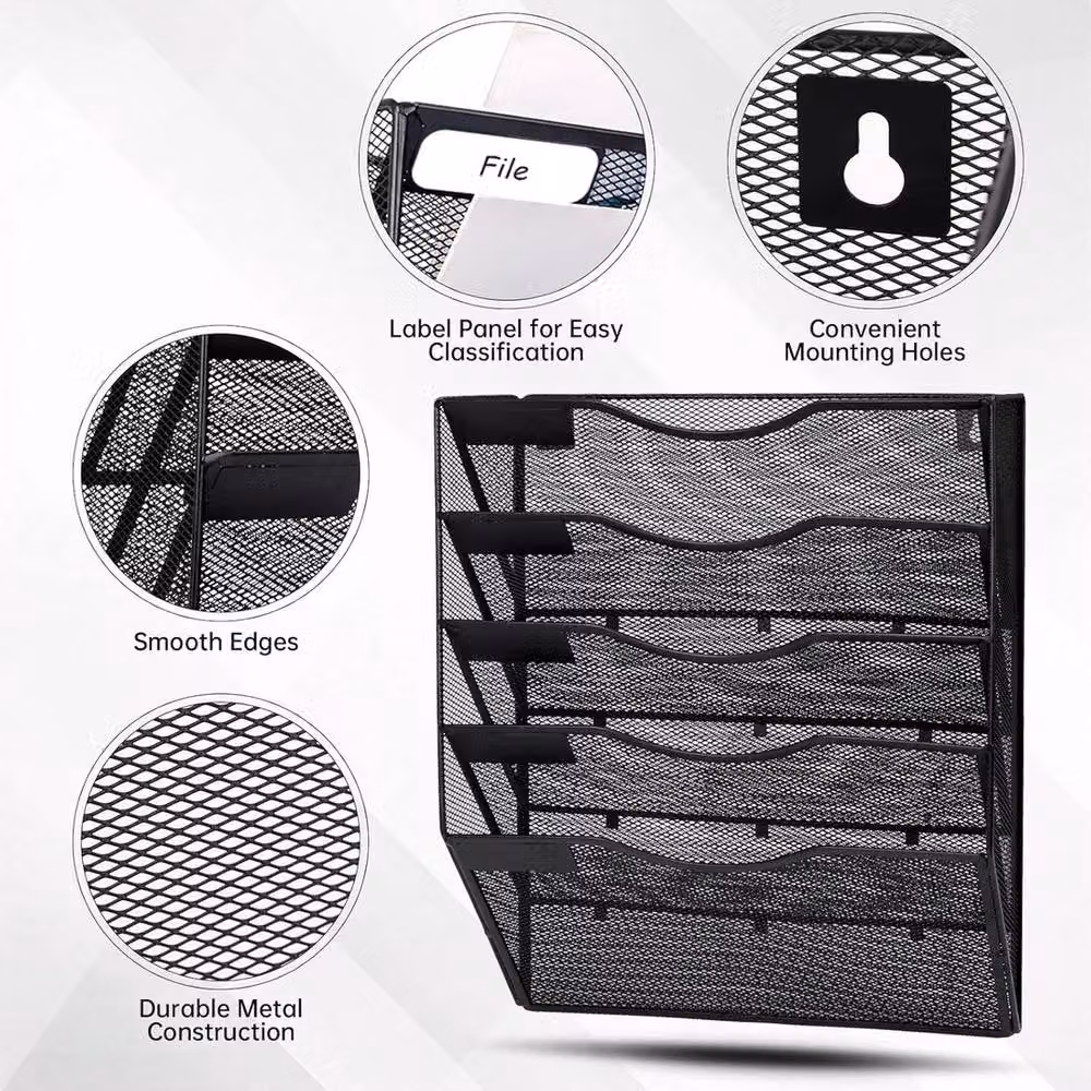 NESTLUNE Strong Wall Mounted 5 Tier Metal Magazine Rack in Black, W: 100 cm, D: 15 cm – 3