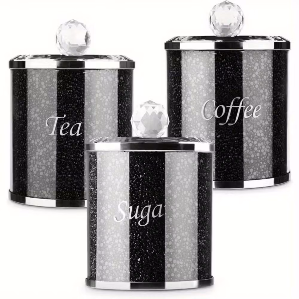 Smartbies Luxury Crystal Tea, Coffee and Sugar Canister Set in Black and Silver with Airtight Glass Lids – 4