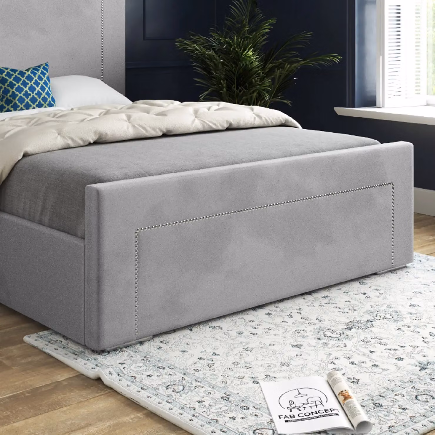 Casani KDMD Elba Upholstered Velvet Designer Bed Frame in Grey, W/D/H: 120 x 200 x 137 cm – 4