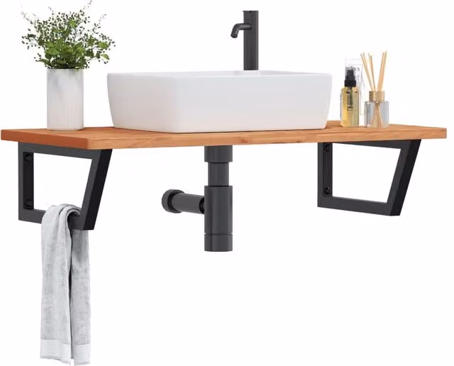 Berkfield Home Wall Mounted Basin Shelf in Brown Steel and Solid Beech Wood