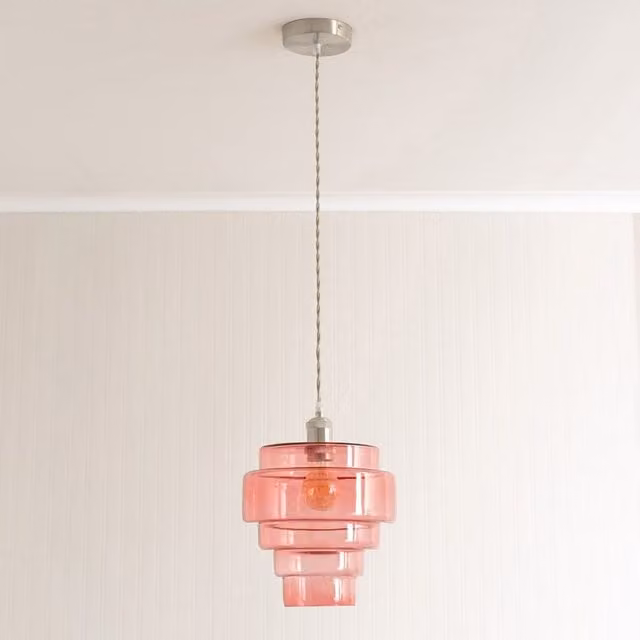 ValueLights Lane 5 Tier Glass Ceiling Pendant Light with Bulb, Brushed Chrome and Bright Pink