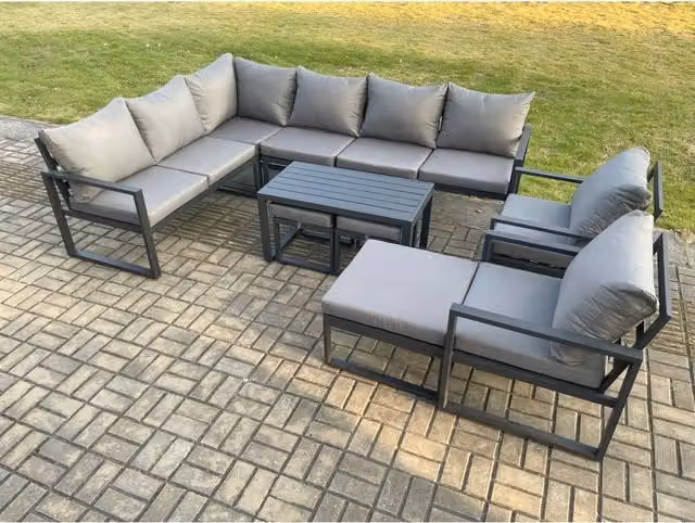 Fimous 11-Seater Modern L-Shape Outdoor Lounge Corner Sofa Set in Dark Grey with Powder Coated Aluminium Frame and Upholstered Cushions