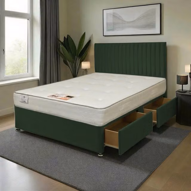 Knight Sleep Emily Plush Superking Bed Set with Hybrid Mattress and 54 inch Headboard in Emerald Green Velvet