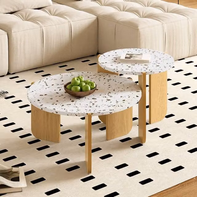 BTM Two Piece Nesting Coffee Table Set in White and Multicolour with Round Composite Tops