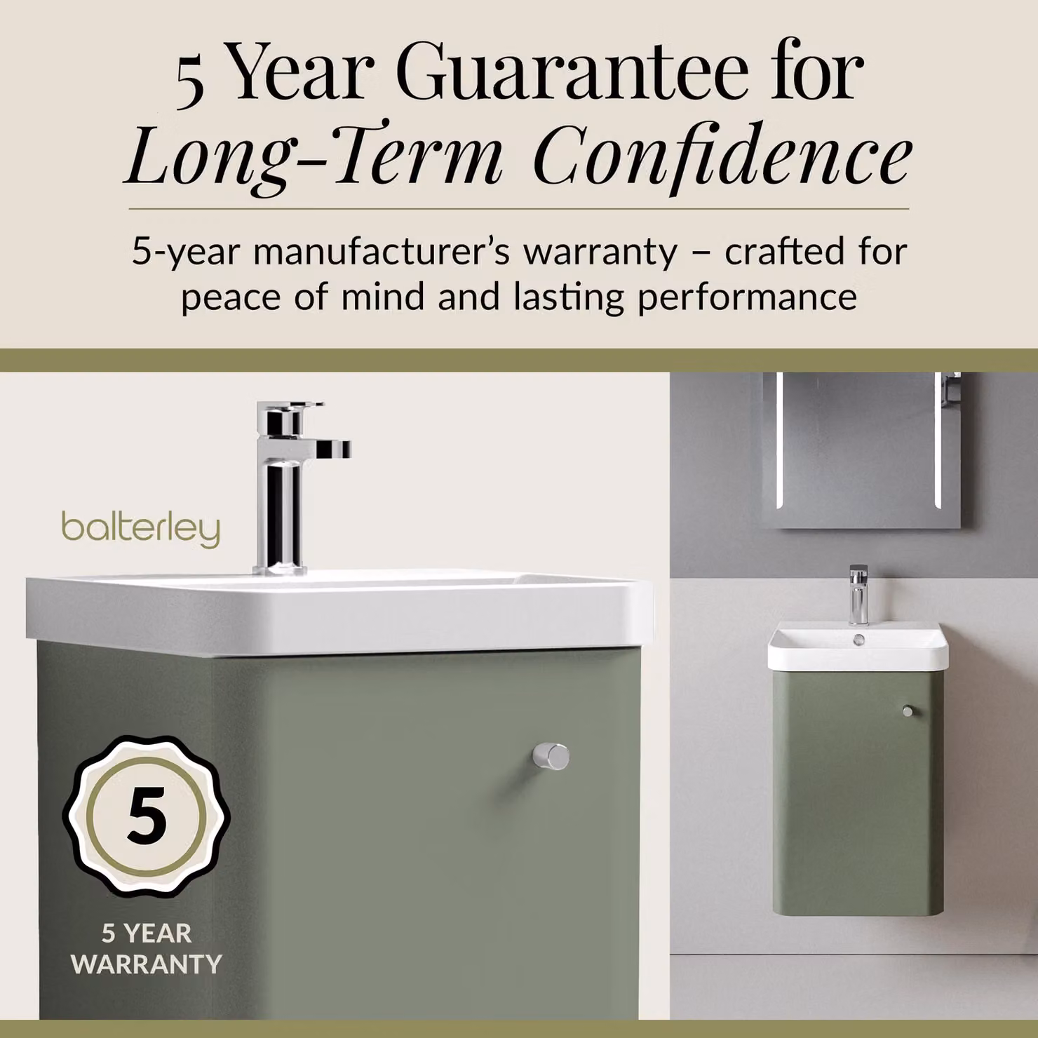 Balterley Modern Wall Hung 1 Door Bathroom Vanity Unit with Basin, Satin Green – 3