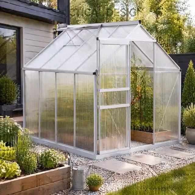 STILVORA Walk-In Greenhouse with Sliding Door and Polycarbonate Windows in Silver, W/D/H: 190 x 253 x 199 cm – 1