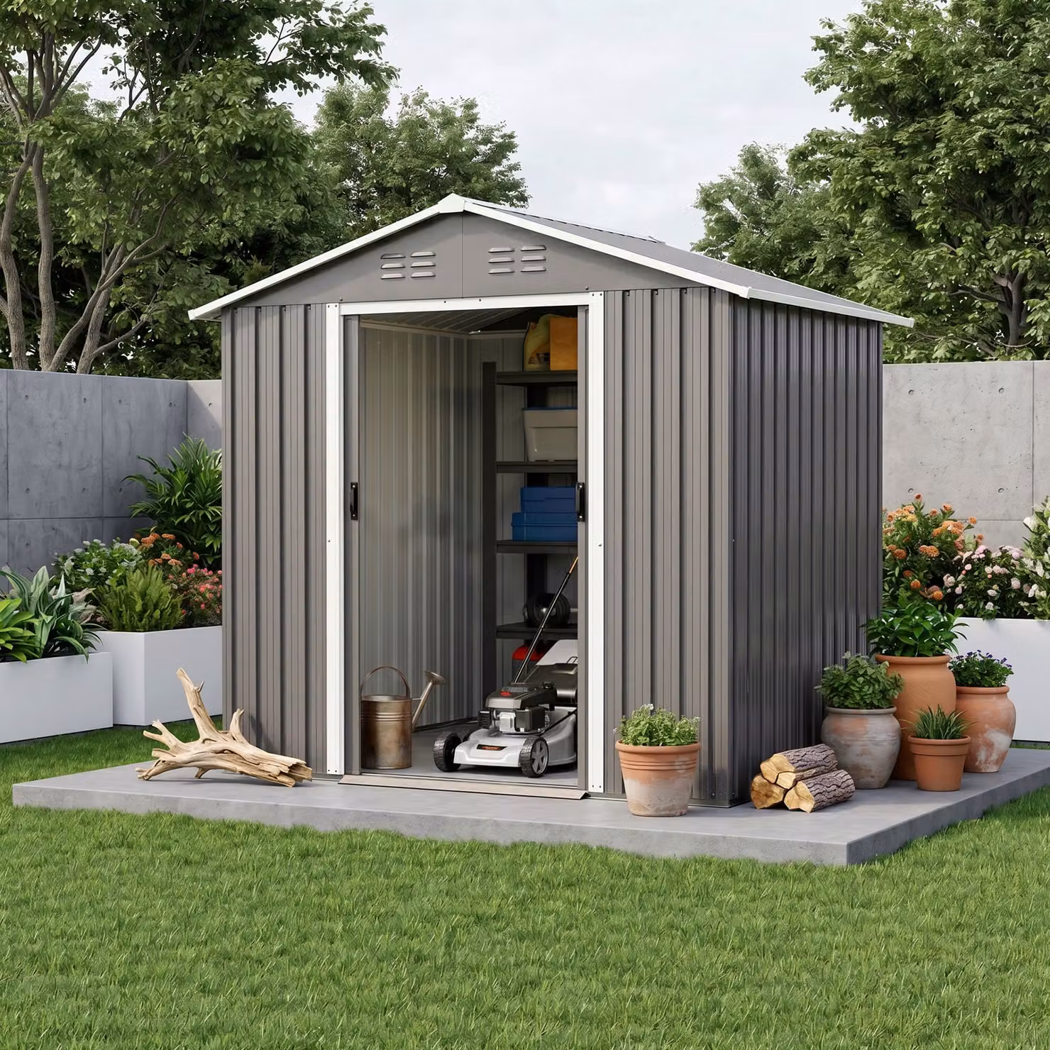 Outsunny Metal Garden Storage Shed in Grey with Sliding Doors and Side Vent – 2