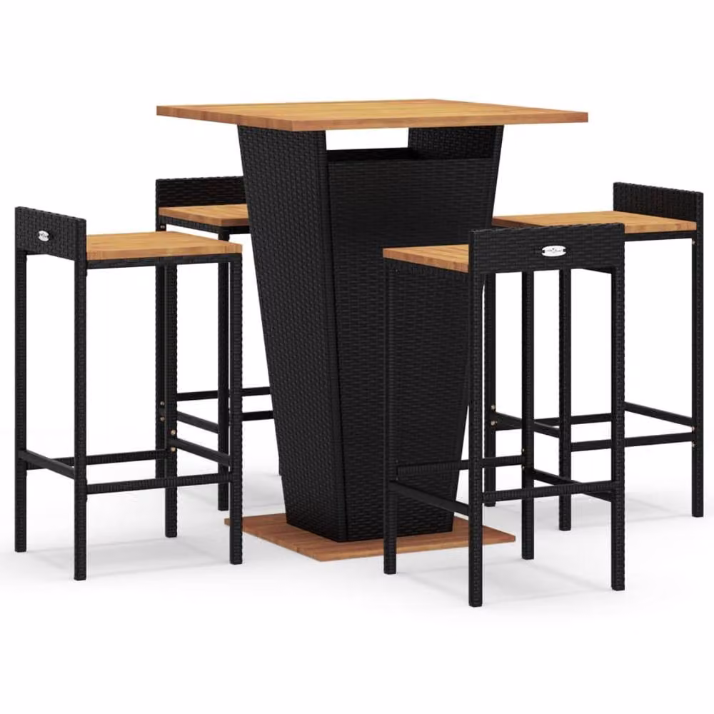 Berkfield Home 5 Piece Garden Bar Set in Black Poly Rattan and Solid Acacia Wood – 2