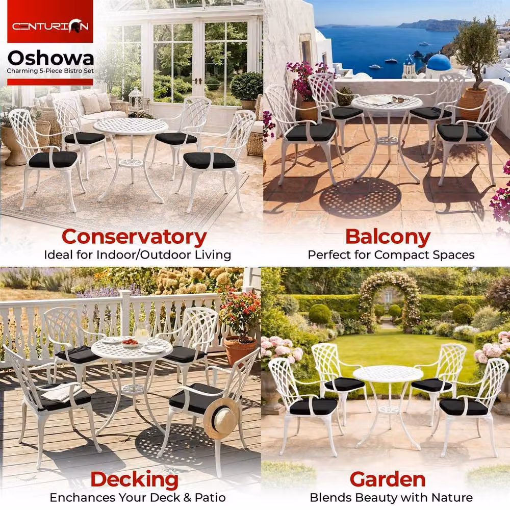 Centurion Supports OSHOWA 5-Piece Cast Aluminium Bistro Set with Round Table and 4 High-Back Armchairs in White with Black Cushions – 3