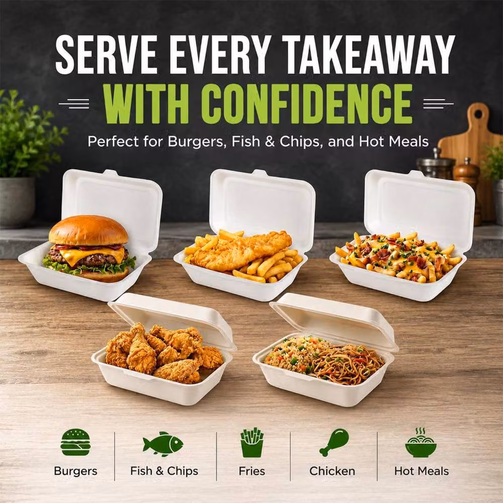 ECONX White Bagasse Clamshell Burger Boxes, 500 Piece Takeaway Food Container Set – 3