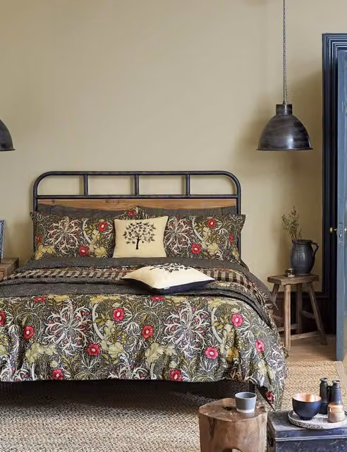 Morris & Co Seaweed Floral Cotton Percale Bedding Set, Black and Multicolour, W: 180 cm, H: 200 cm