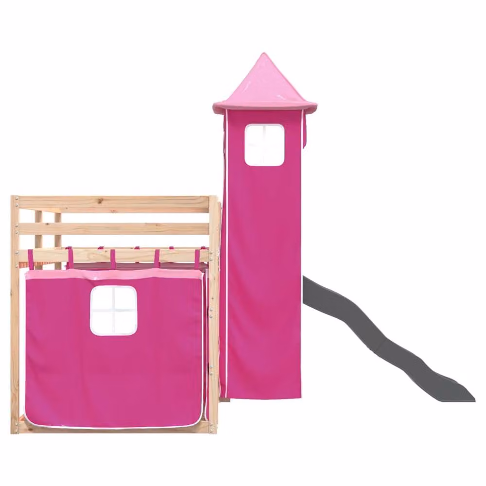 Berkfield Home Pink Solid Wood Childrens Bunk Bed with Slide and Curtains W/D/H: 80 x 200 cm – 4
