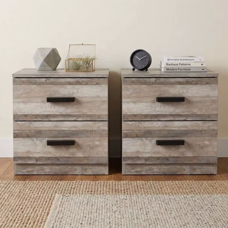 DHS Grey Modern Bedside Table Pair with 2 Drawers