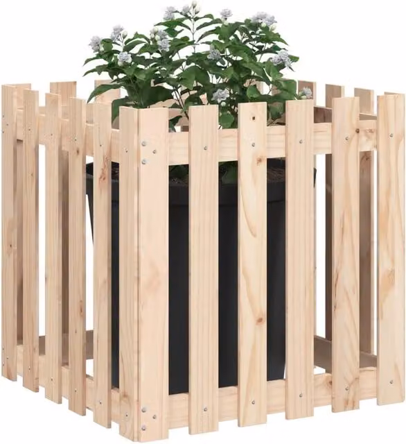 Berkfield Home Beautiful Garden Planter with Fence Design in Beige Solid Wood, W/D/H: 60 x 60 x 60 cm