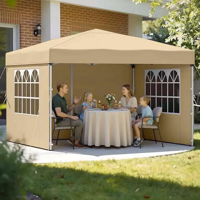 The Bazaarist Folding Gazebo with Side Walls UPF 50+ in Beige and Brown with Steel Frame
