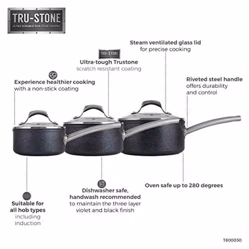 Tower Trustone 3 Piece Non Stick Induction Saucepan Set with Lids, Black – 2