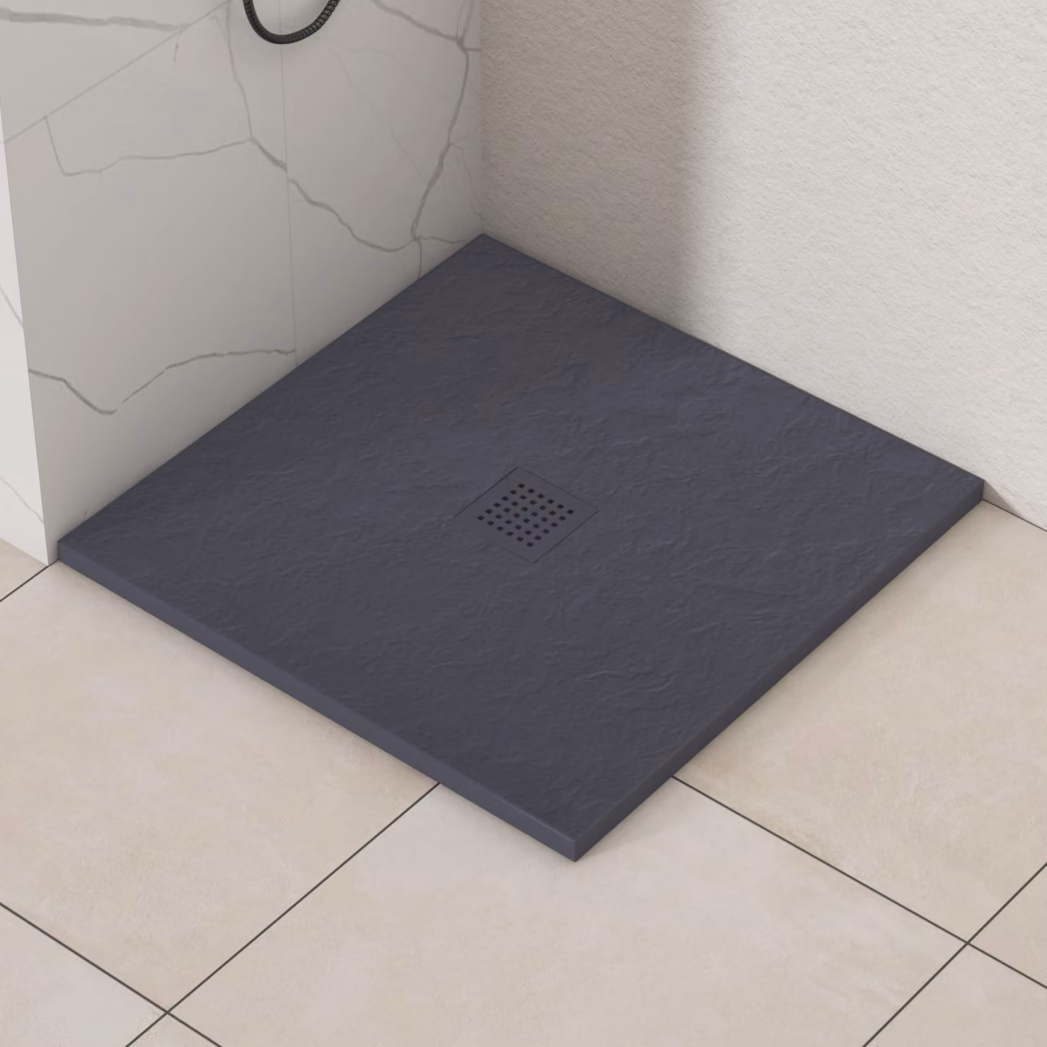 Luxor Square Grey Slate Effect Mineral Cast Stone Shower Tray with Grey Grate and Anti-Slip Surface