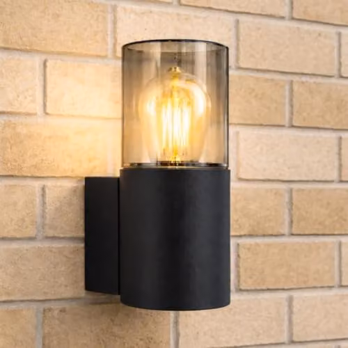 CGC Lighting Modern Outdoor Wall Lantern in Black with Smoky Glass Diffuser, IP54 Weatherproof, H: 22.0 cm, W: 12.0 cm, D: 9.0 cm – 1