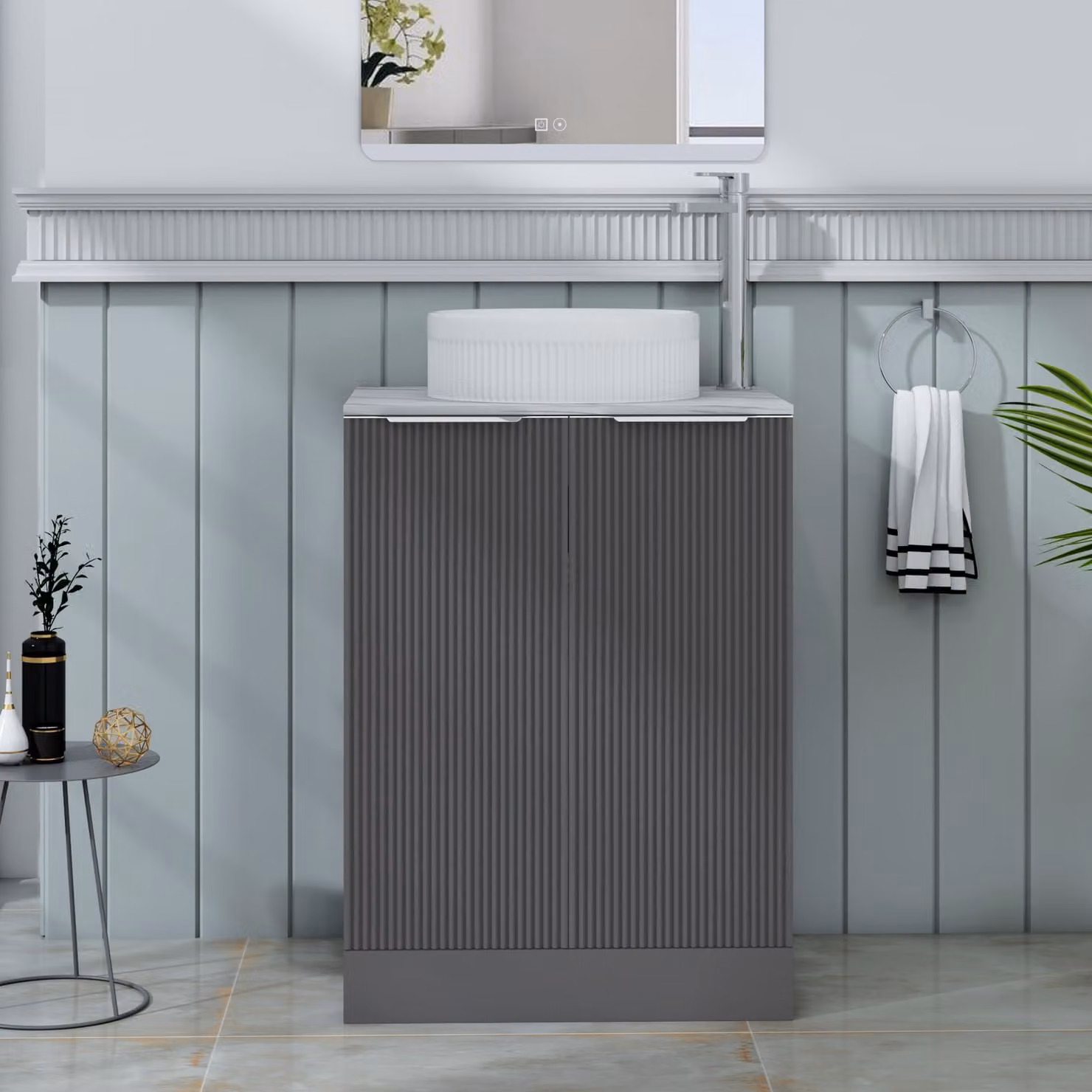 Royal Bathrooms Evora 600mm Graphite Grey Fluted Floor Standing Countertop Vanity Unit with 2 Soft Close Doors and Round Basin