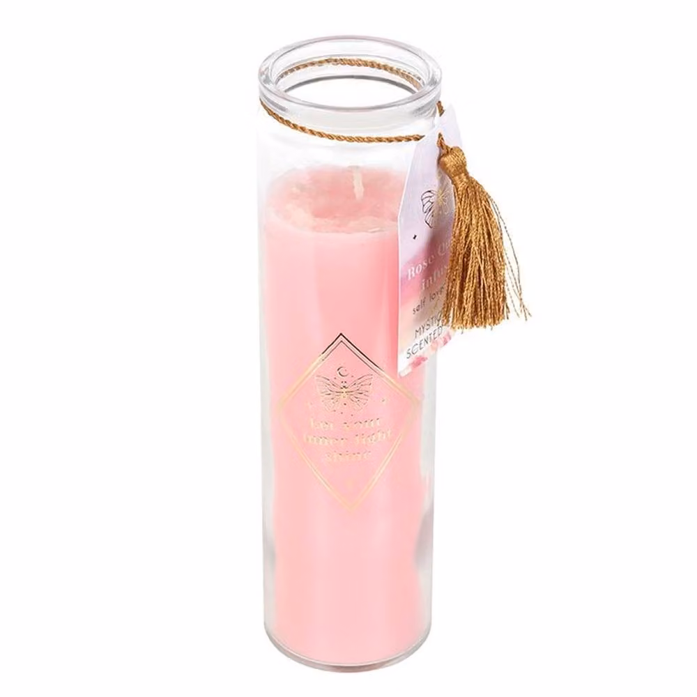 Uniqueful Mystic Rose Pink and Gold Floral Pillar Candle with Rose Quartz Crystals – 2