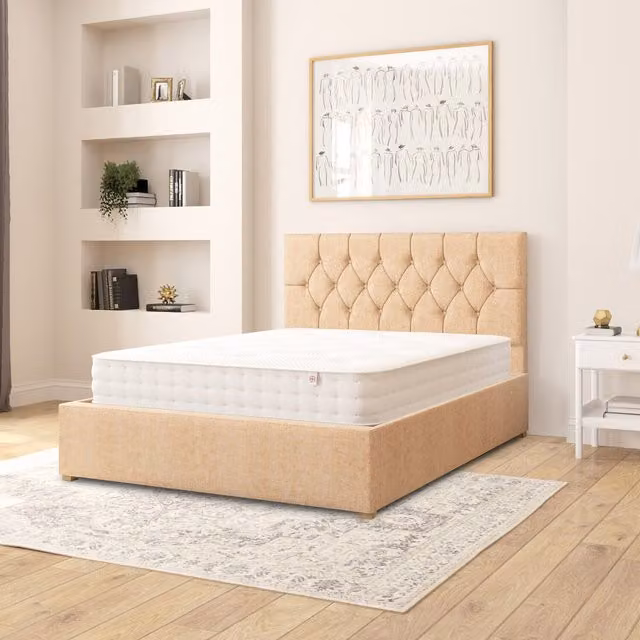 Aspire Olivier Upholstered Fabric Ottoman Storage Bed in Beige/Yellow, W/D/H: 140 x 200 cm