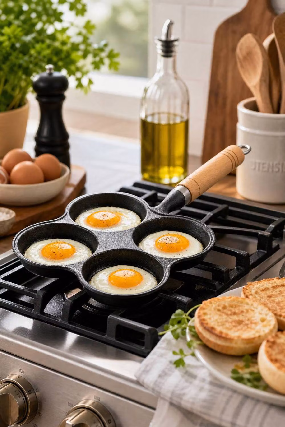 ExtraStar Uncoated Cast Iron 4 Hole Frying Pan with Wooden Handle in Black – 2