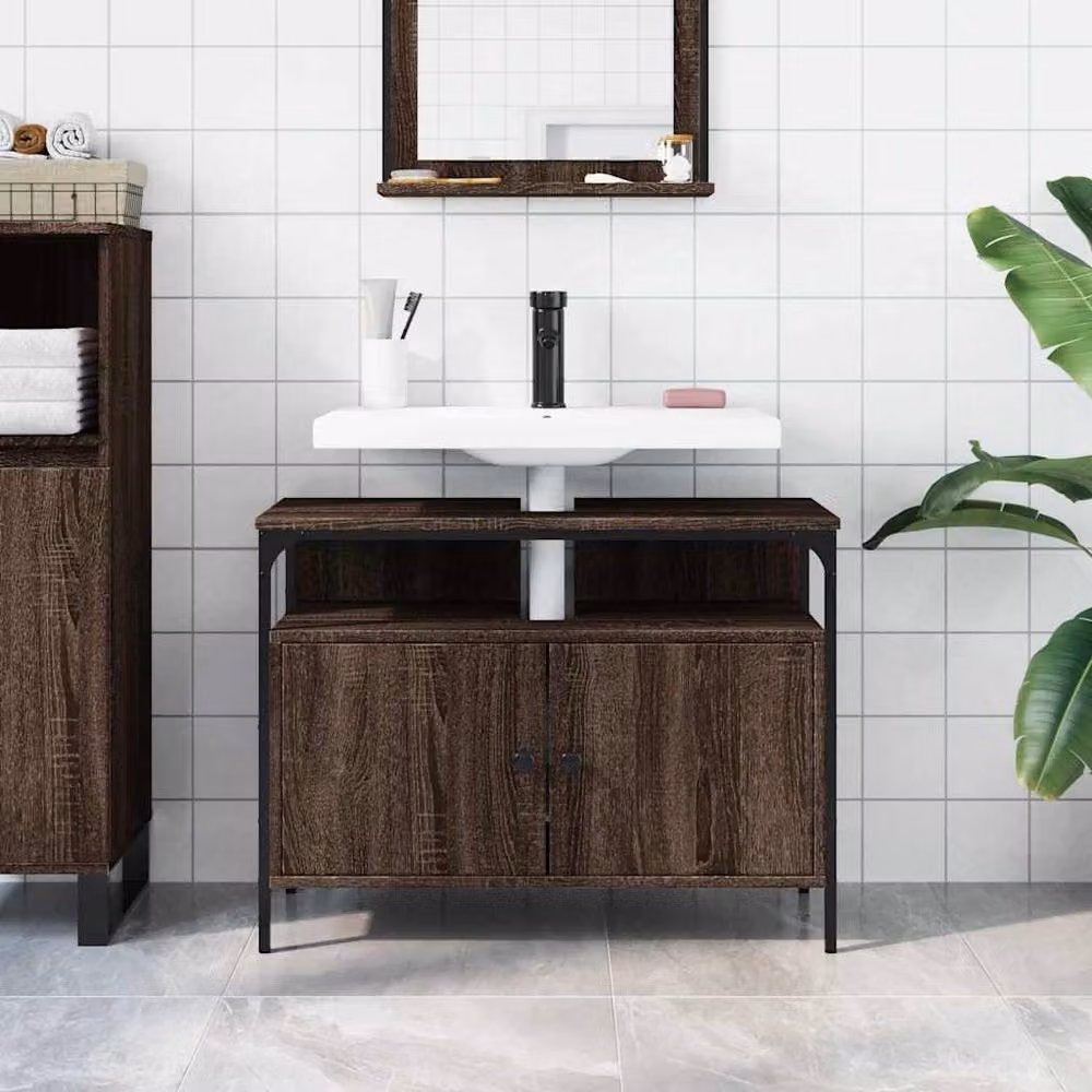 Berkfield Home Brown Oak Wall Mounted Bathroom Sink Cabinet W: 80 cm, D: 30 cm, H: 60 cm – 2