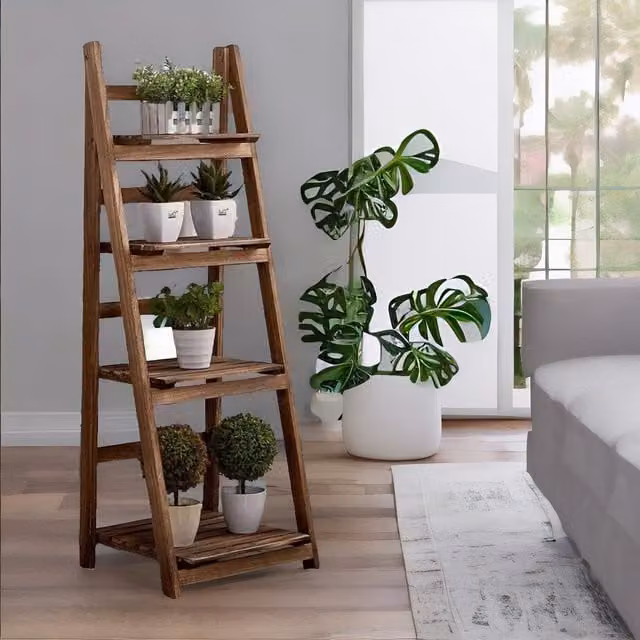 Pirlo Plush 4 Tier Rustic Wooden Ladder Plant Stand in Brown – 1