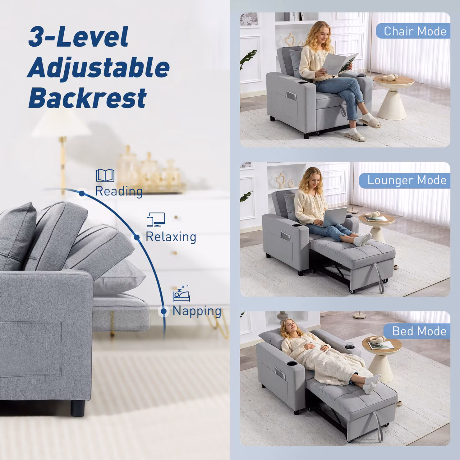 HOMCOM 3-in-1 Single Sofa Bed, Convertible Sleeper Chair with Armrests, Light Grey – 4