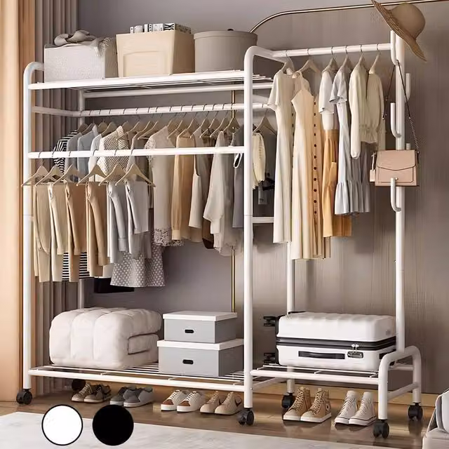 EONLION White Metal Double Clothes Rail Stand Garment Hanging Rack – 1