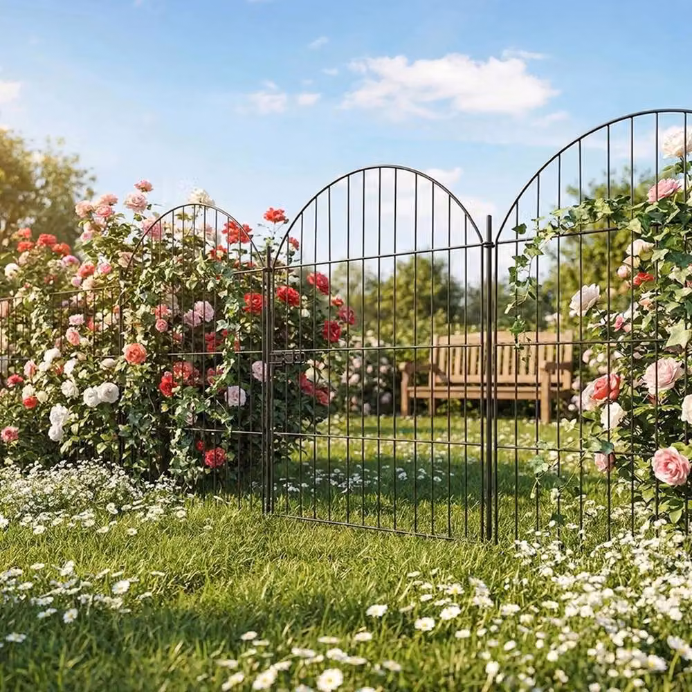 Kelvenix 10 Panel Black Metal Decorative Garden Fence with Gate and In-Ground Support – 3