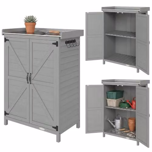 Outsunny Grey Wooden Garden Shed with Shelf and Side Hooks, W/D/H: 71.5 x 39 x 95 cm