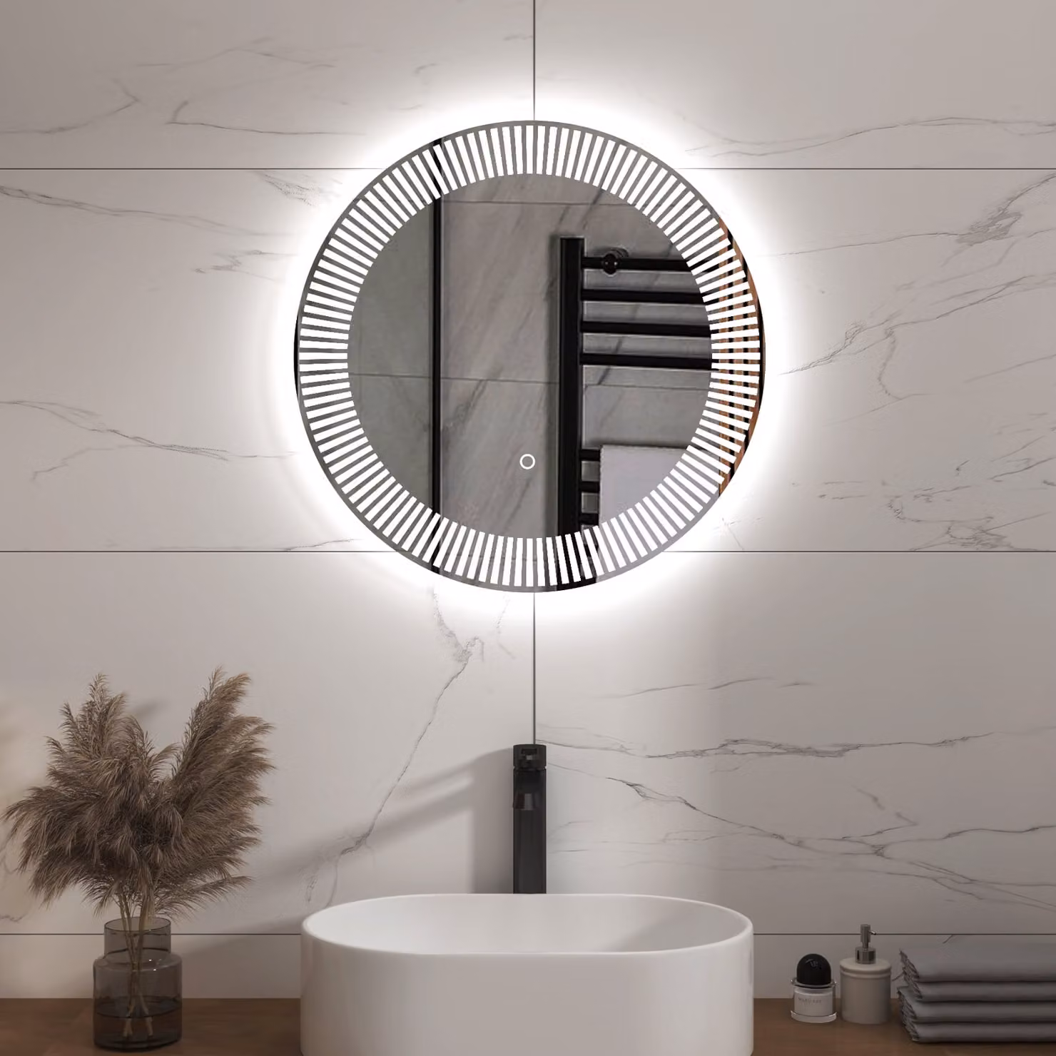 Royal Bathrooms Tokyo Round Frameless LED Illuminated Backlit Mirror in Silver with Demister Pad and Touch Sensor, Diameter: 60 cm