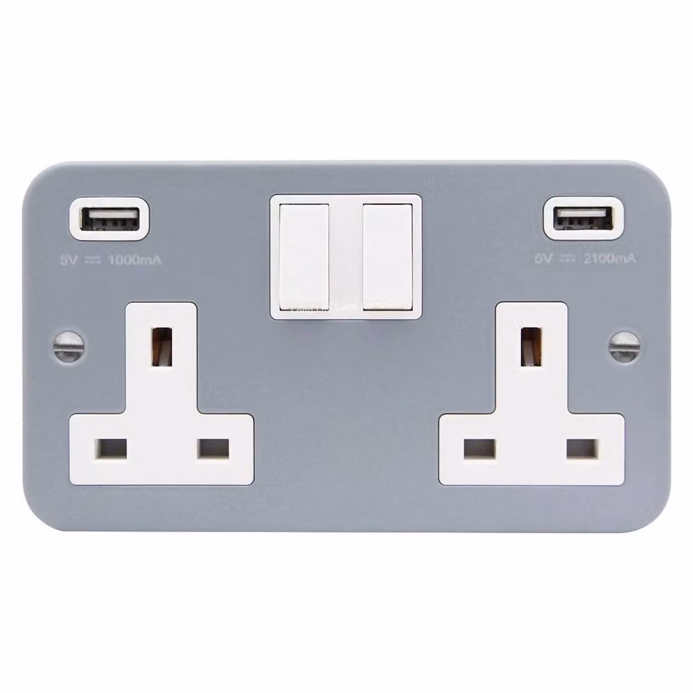 SPETLEK Metal Clad 13 Amp Double 2 Gang USB Switched Socket in Grey – 2