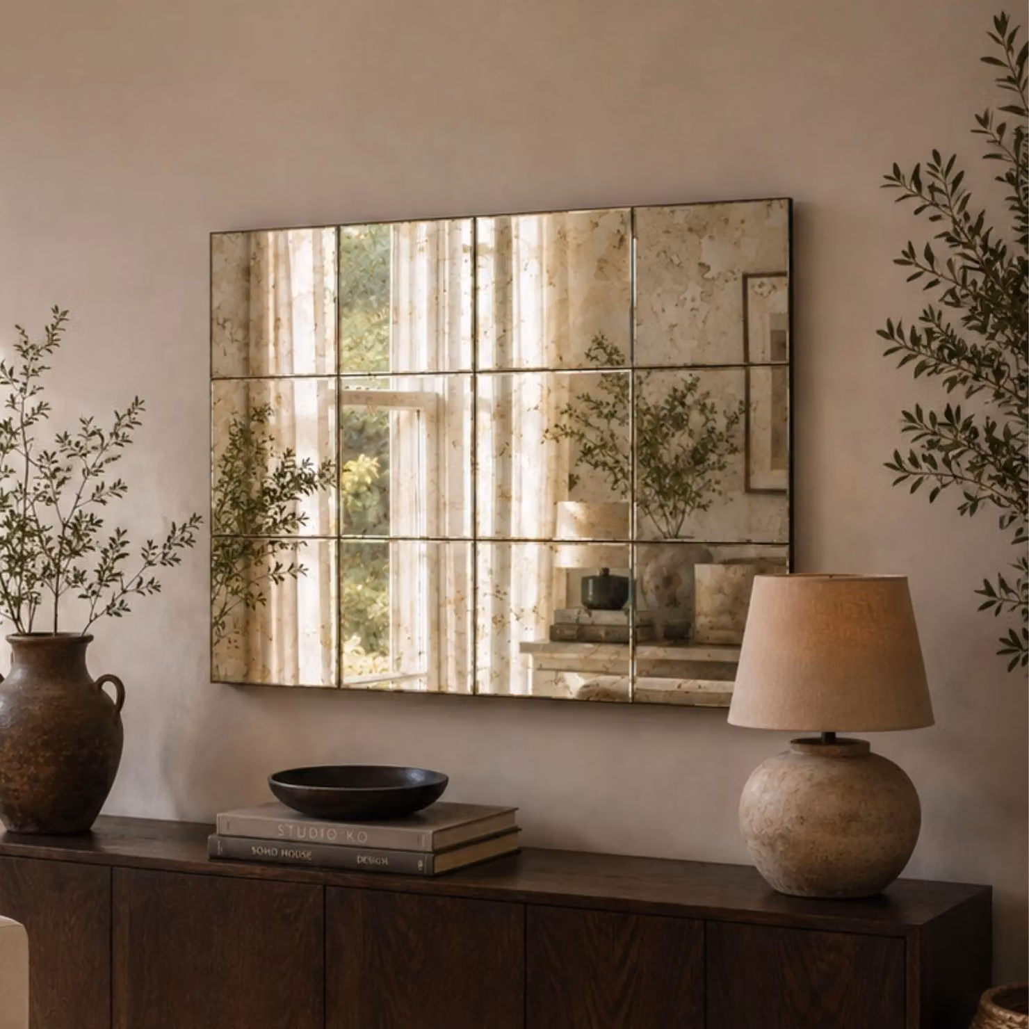 Yearn Mirrors Antique Mottled Panelled Rectangular Wall Mirror in Black and Gold, W/H: 123 x 92 cm – 2
